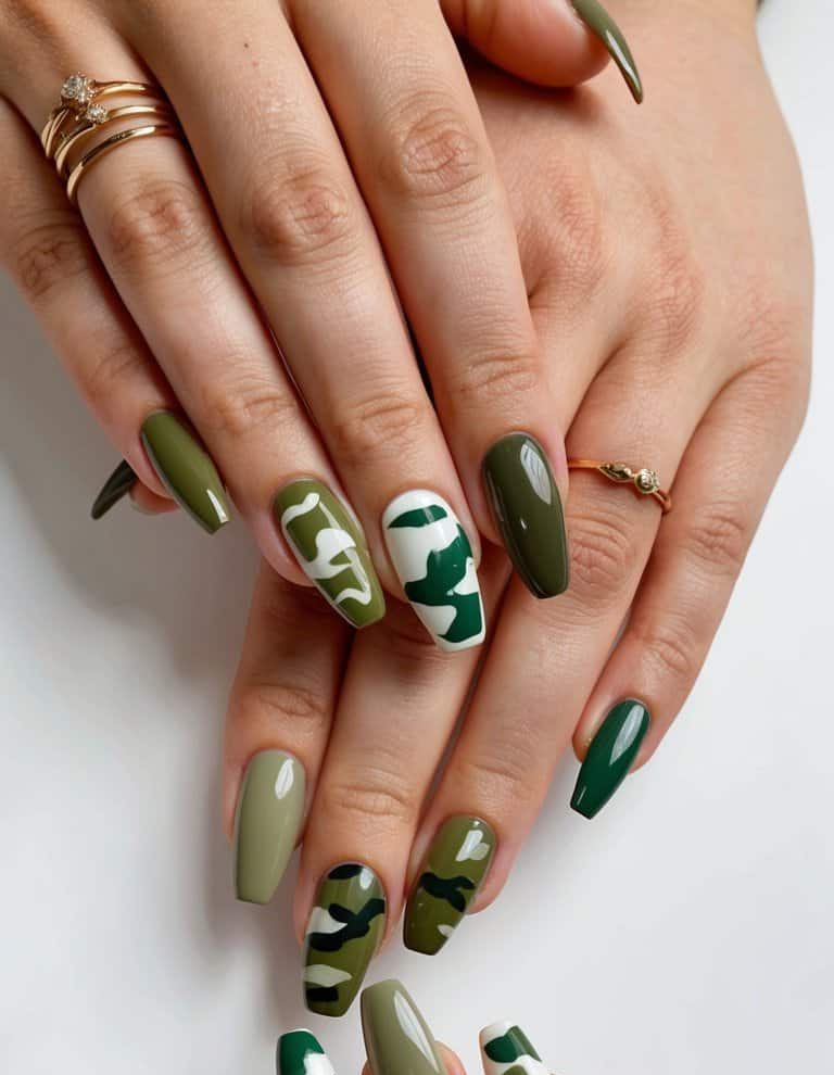 Chic olive green nail art designs with camouflage accents