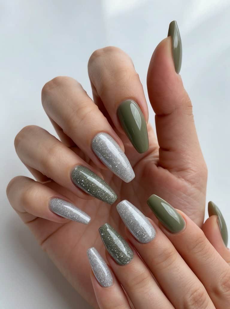 Earthy olive nails with dazzling glittery silver