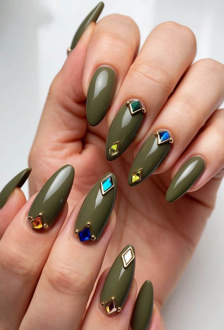 Dazzling olive green nails adorned with glittering geometric gems