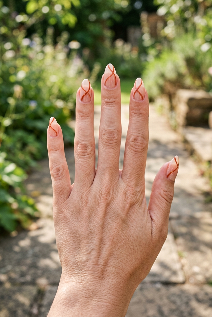 Hand positioned outdoors with greenery in the background showcasing an orange almond nail art idea with natural nude nails and fine orange swirl line accents