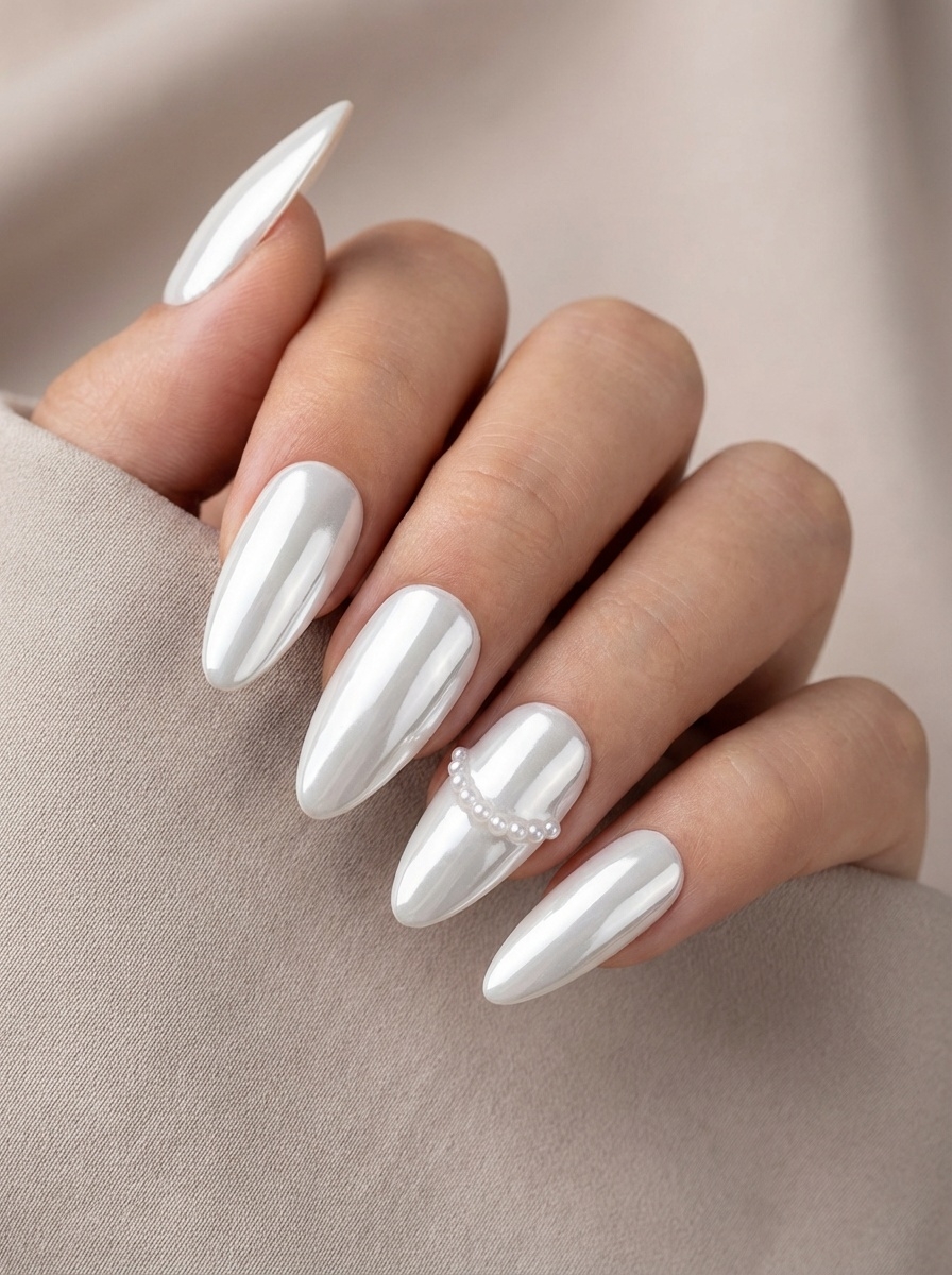Angled view of manicured fingers holding neutral fabric, highlighting a white chrome nail art idea with sleek pearl chrome nails and a minimal pearl bead accent detail.