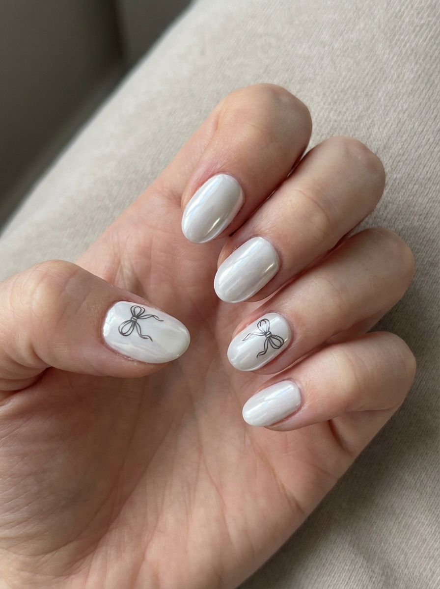 Close-up of a relaxed hand resting on beige fabric, showing a white chrome nail art idea with pearly chrome nails and delicate black bow illustrations on two accent fingers.