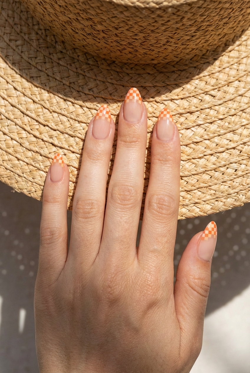 Fingers placed over a straw hat displaying an orange almond nail art idea with natural nude nails and small orange checker pattern tips on almond-shaped nails