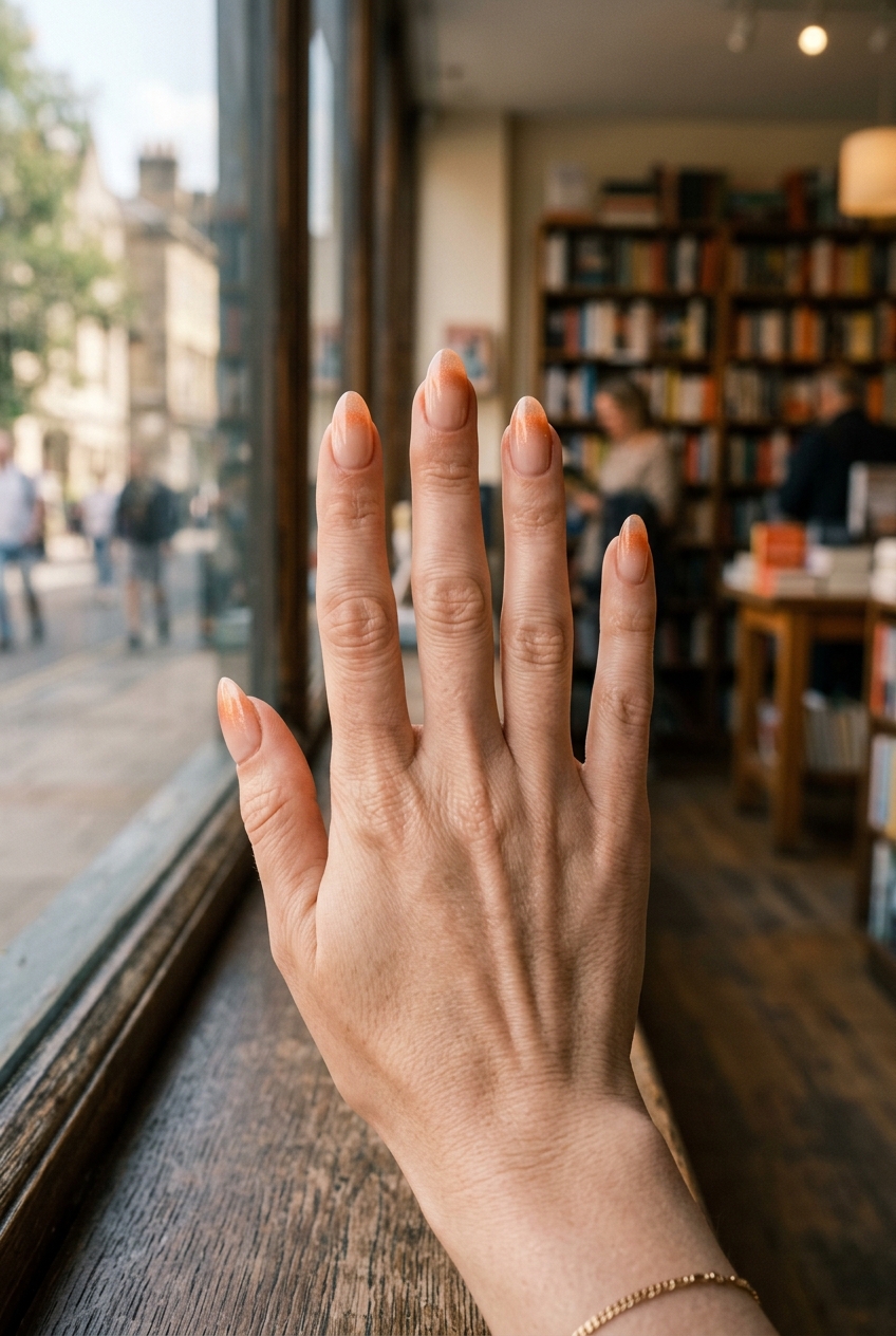 A hand raised near a window in a cozy bookstore setting showing an orange almond nail art idea with nude nails and soft peach ombre tips on almond-shaped nails