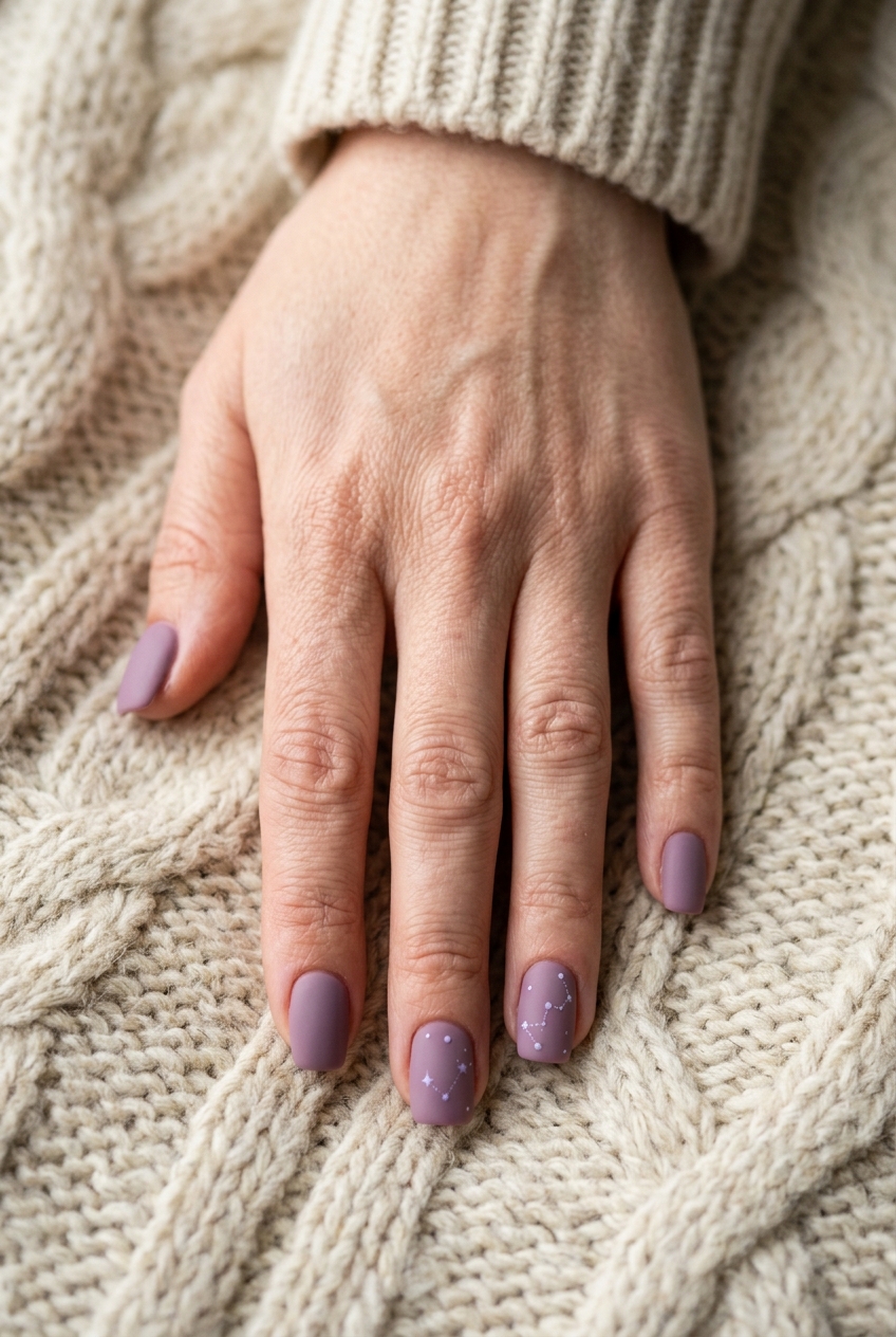 Fingertips laid across a cozy cable-knit fabric showing a matte purple nail art idea with dusty lavender polish and subtle dotted star designs on a matte finish