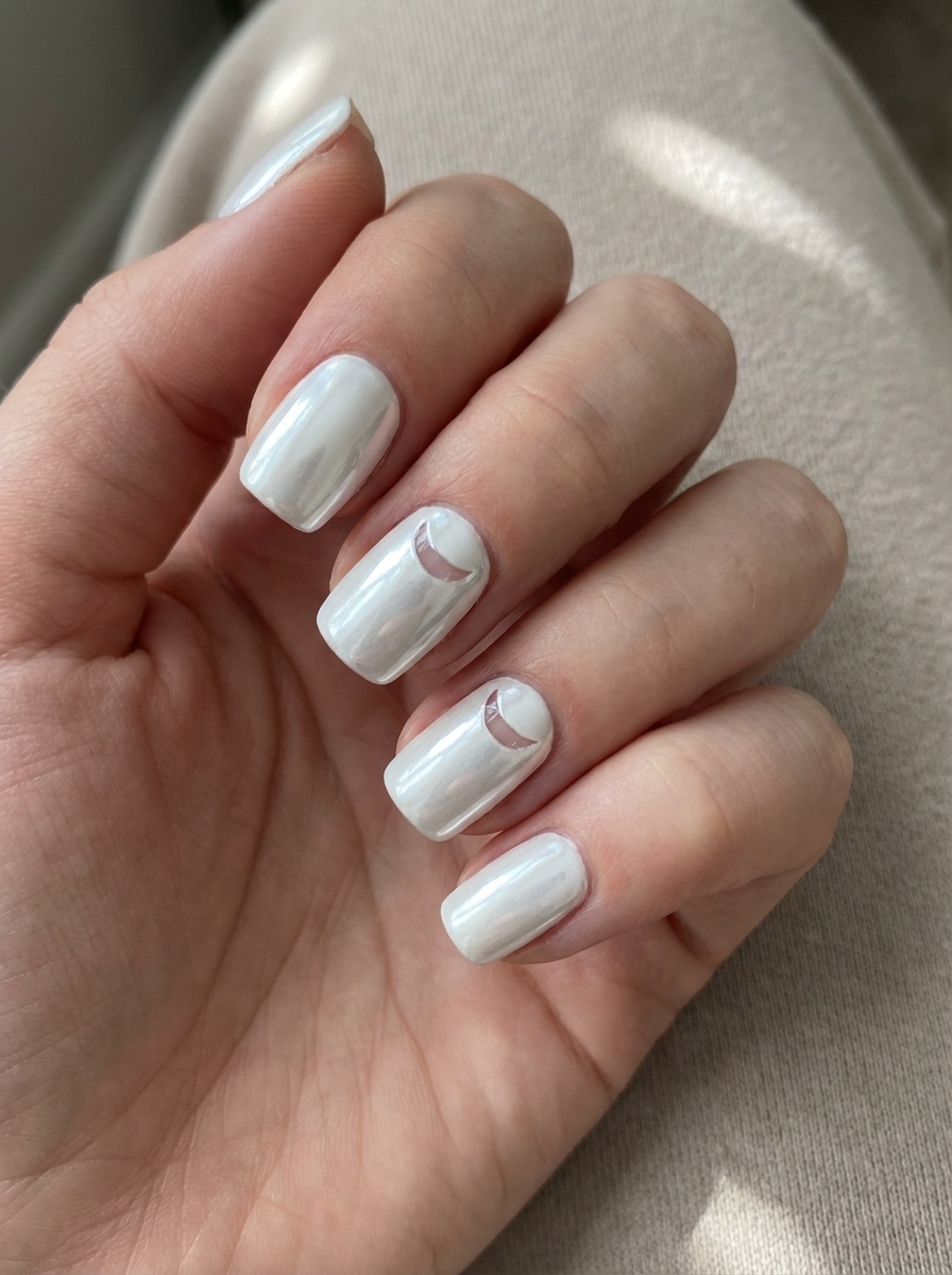 Close-up of a relaxed hand against beige fabric, featuring a white chrome nail art idea with pearl-white chrome nails and crescent-shaped negative space accents near the cuticle.