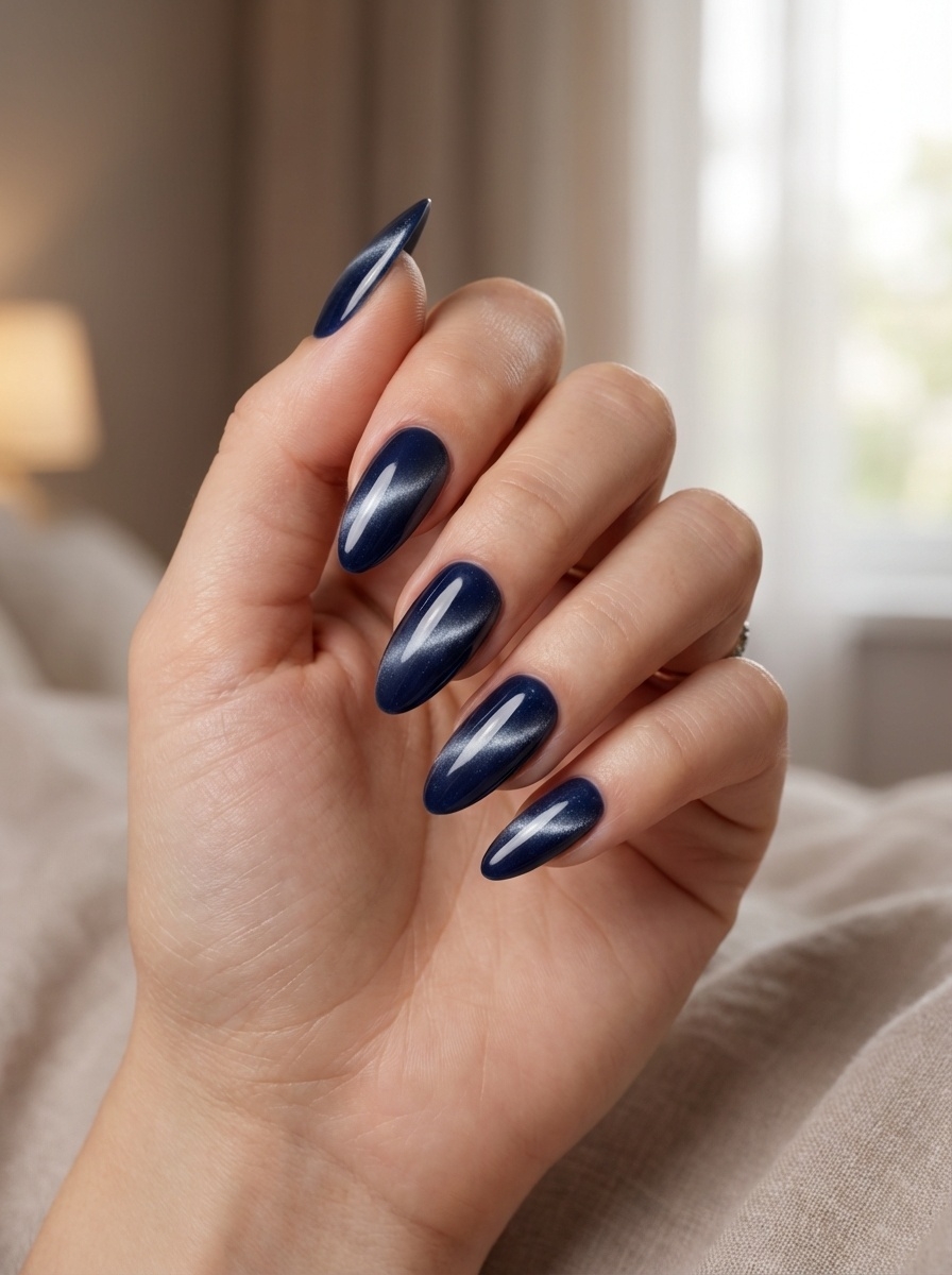 Close-up of a hand resting on soft fabric, showcasing a blue almond nail art idea with almond-shaped nails in glossy navy blue and subtle reflective highlights.