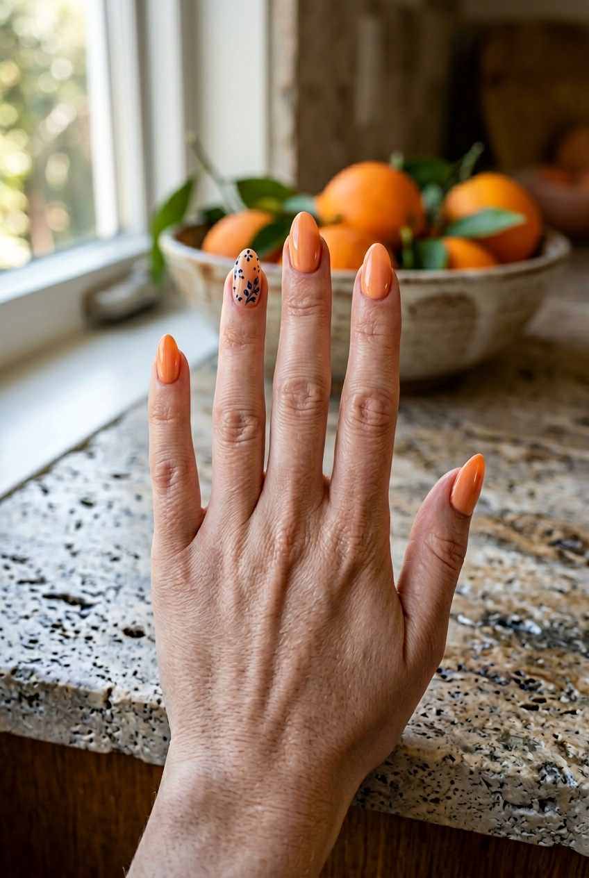 Sunlit hand placed on a granite countertop beside a bowl of oranges, showcasing an orange almond nail art idea with glossy orange nails and one black speckled accent design