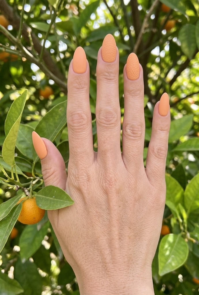 Hand held up against a leafy orange tree featuring an orange almond nail art idea with matte peach-orange nails and one nail showing a fine textured pattern