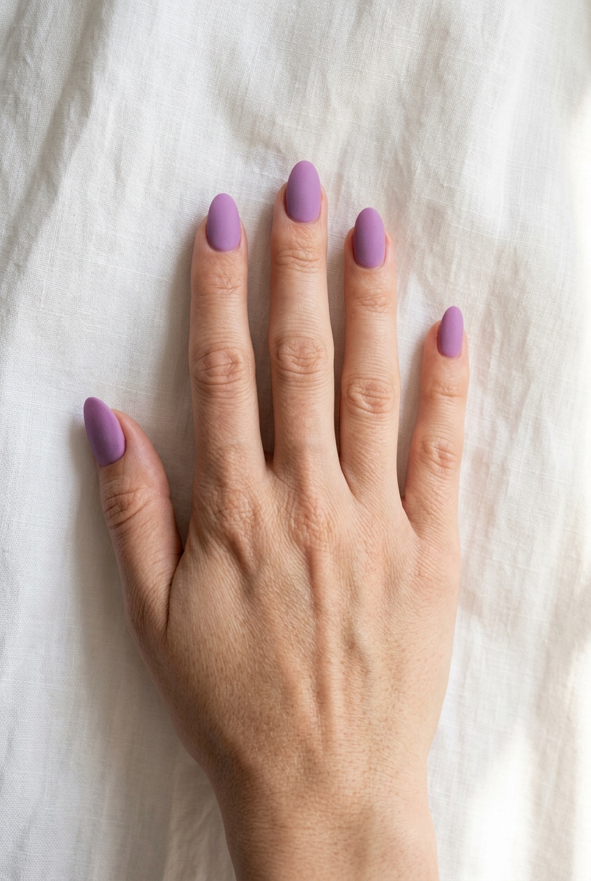 Top view of a hand resting on a pale cloth surface, showcasing a matte purple nail art idea with muted lavender nails and a consistent matte coating on rounded shapes