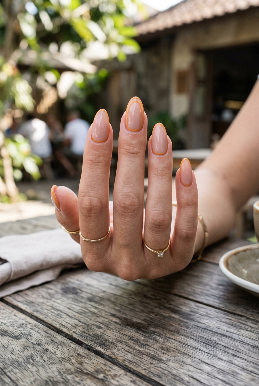 Hand resting on a rustic wooden table outdoors, showcasing an orange almond nail art idea with nude glossy nails outlined by thin orange borders and subtle gold rings