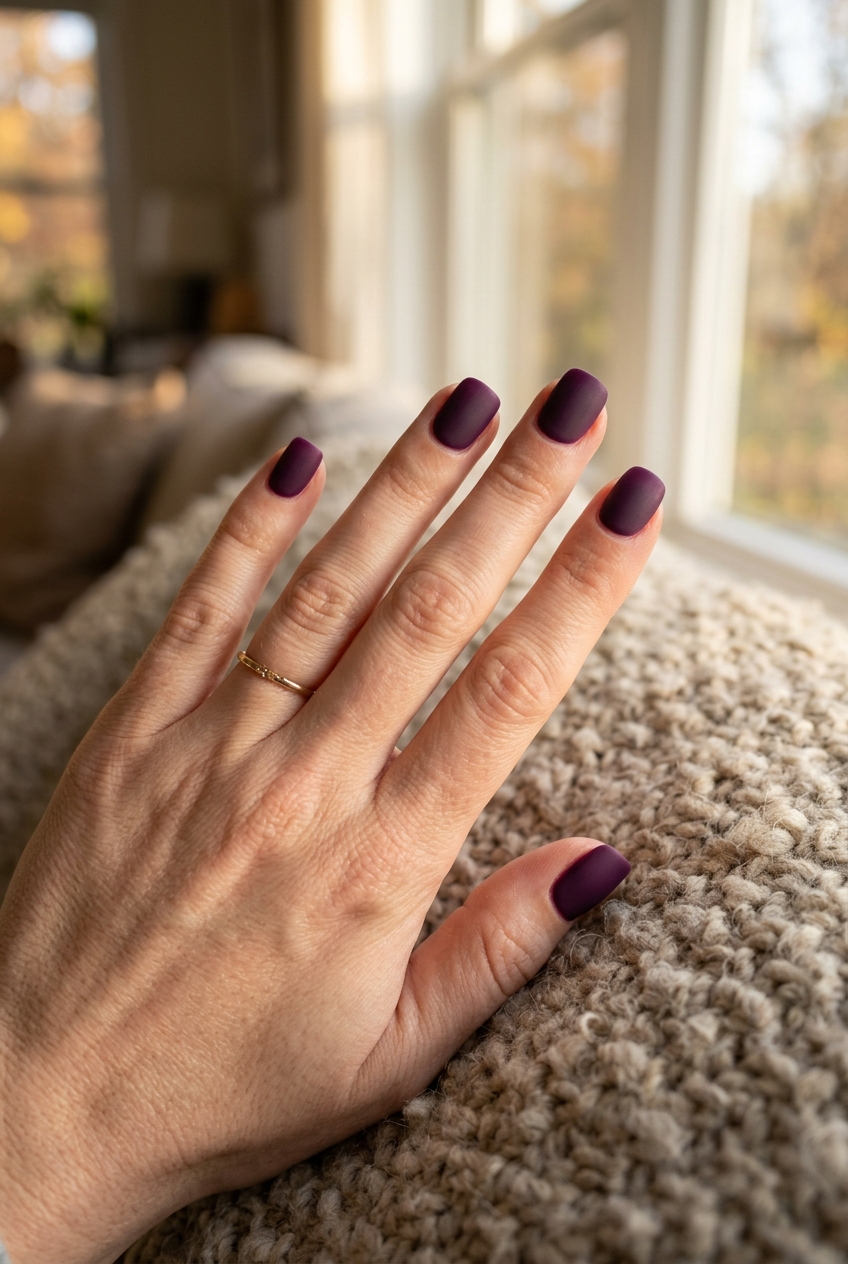 Hand resting on a chunky fabric beside a window featuring a matte purple nail art idea with dark purple nails and a smooth matte finish in warm indoor lighting