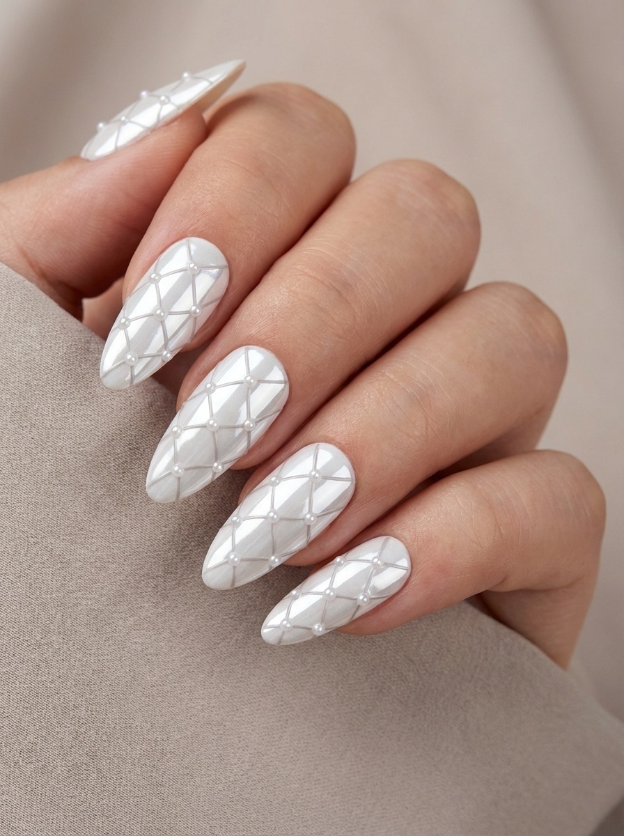 Relaxed hand pose highlighting a white chrome nail art idea with pearl-white chrome nails, dimensional lattice linework, and subtle bead details for a sculpted finish.