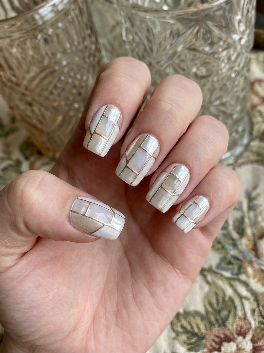 Natural hand pose against patterned fabric, highlighting a white chrome nail art idea with pearl-toned chrome nails and fine gold grid line designs.