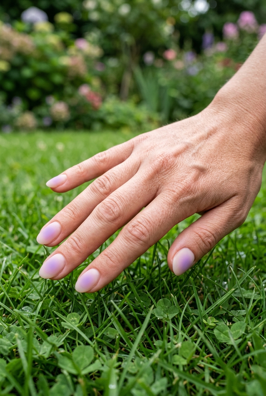 A hand hovering over green grass in a garden setting, showcasing a matte purple nail art idea with a soft lavender gradient fade blending into natural nails on rounded tips