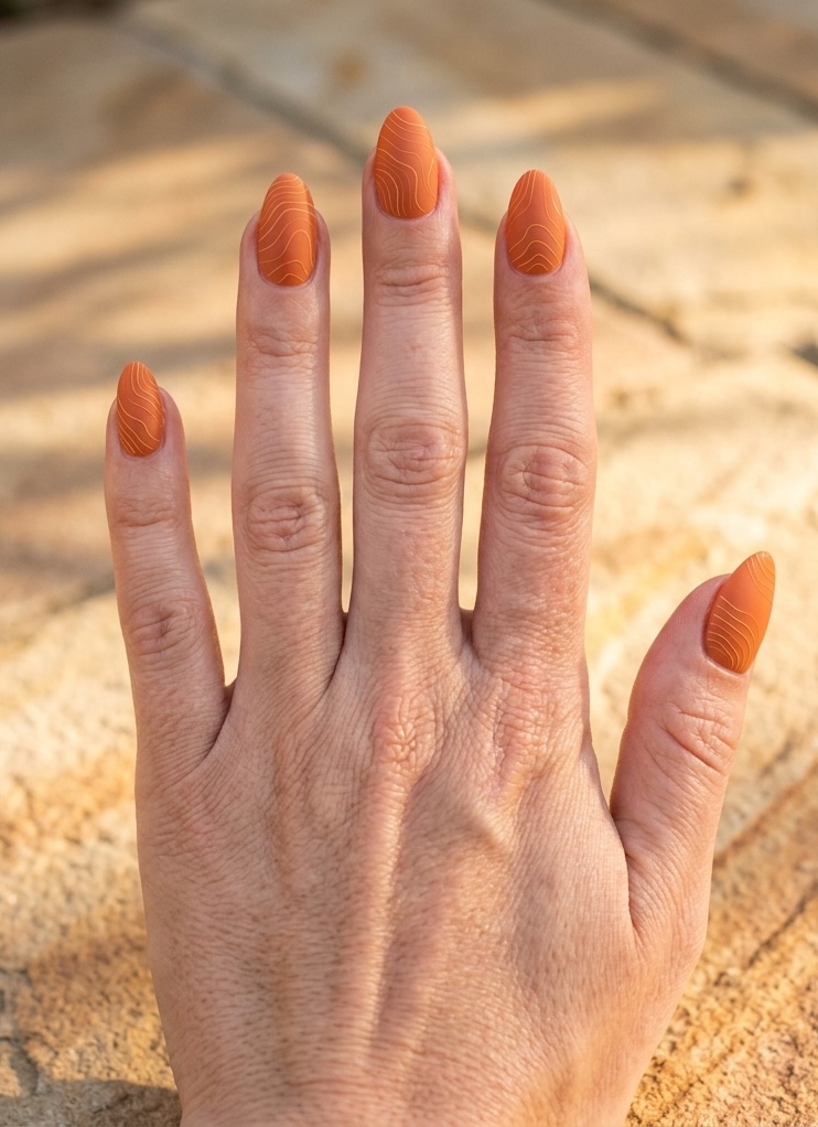 Fingers extended outdoors on a textured ground featuring an orange almond nail art idea with warm terracotta nails and fine curved line designs on every nail