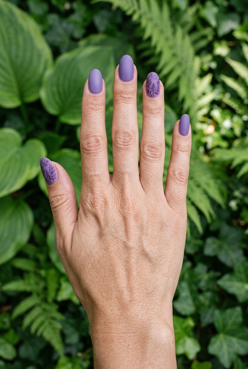 Fingers extended in front of leafy greenery displaying a matte purple nail art idea with soft purple nails and fine plant-inspired detailing on selected nails