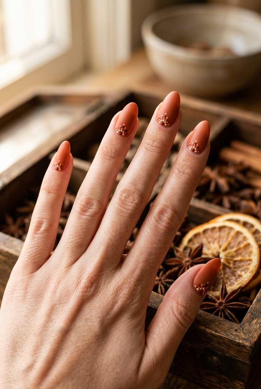 Close-up of a hand near dried citrus and spices, displaying an orange almond nail art idea with soft orange nails and small decorative dot clusters near the cuticle