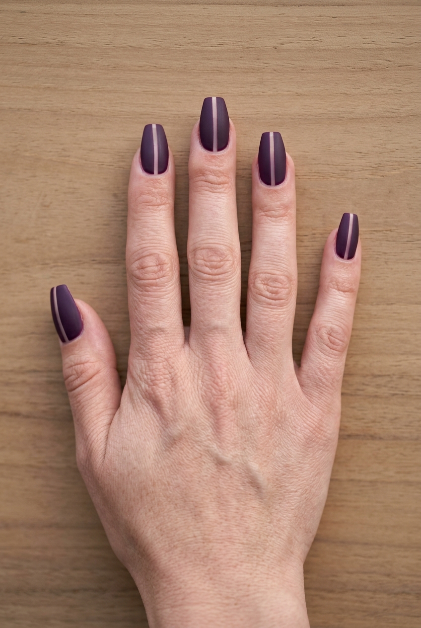 Close-up of a hand resting flat on wood showing a matte purple nail art idea with dark purple nails and clean vertical line detailing on a matte finish