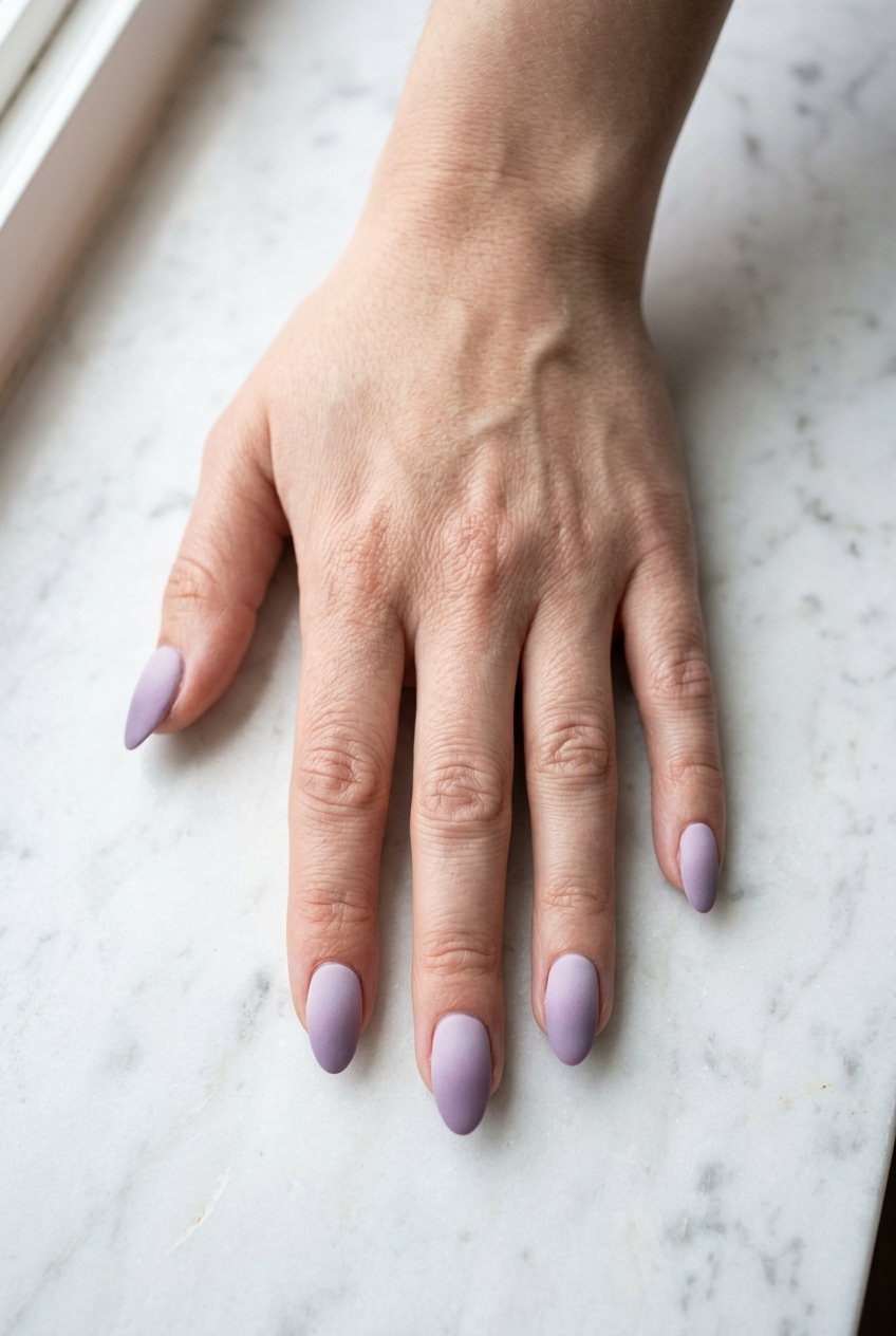 A hand resting on a light marble surface featuring a matte purple nail art idea with almond-shaped nails and a soft lilac ombre fading into deeper purple tips