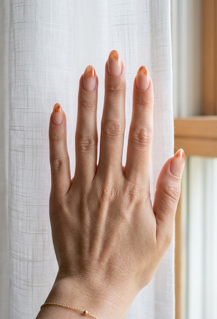 Fingers extended in soft natural light against a curtain, featuring an orange almond nail art idea with nude nails and lightly blended orange accents near the tips