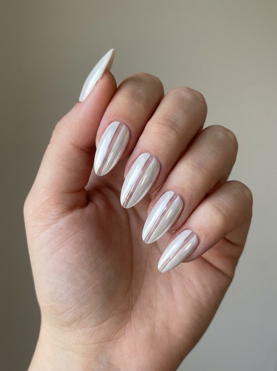 Manicured fingers gently curled inward, featuring a white chrome nail art idea with smooth pearl chrome nails and soft reflective highlights.