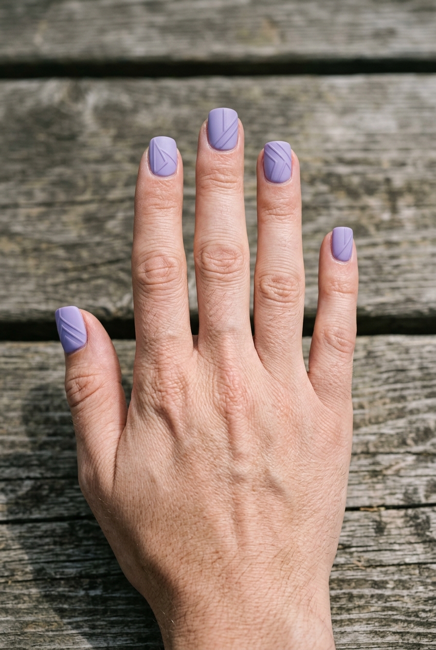 Fingers resting on weathered wood displaying a matte purple nail art idea with lavender nails and subtle embossed line patterns creating a textured effect
