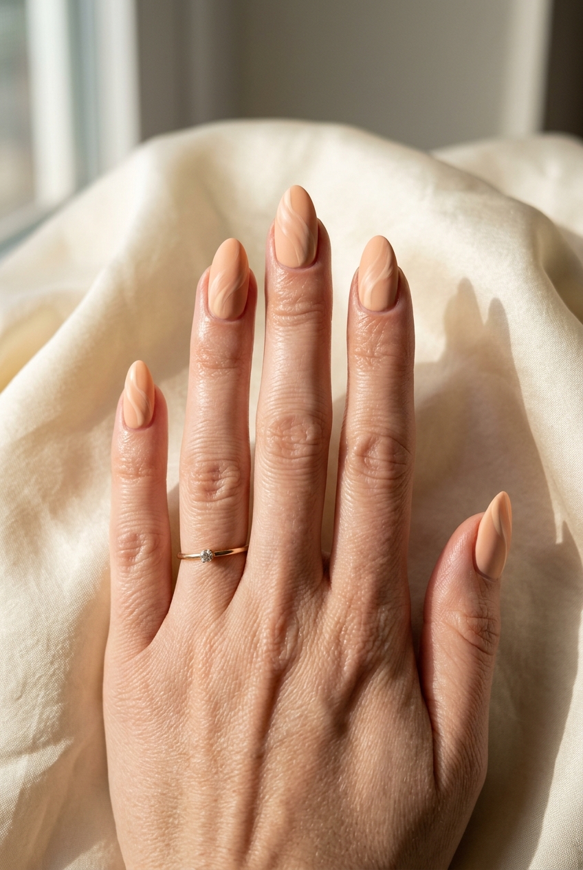 Close-up of a hand placed on draped cream fabric, showcasing an orange almond nail art idea with almond-shaped nude nails detailed with soft wavy ridges