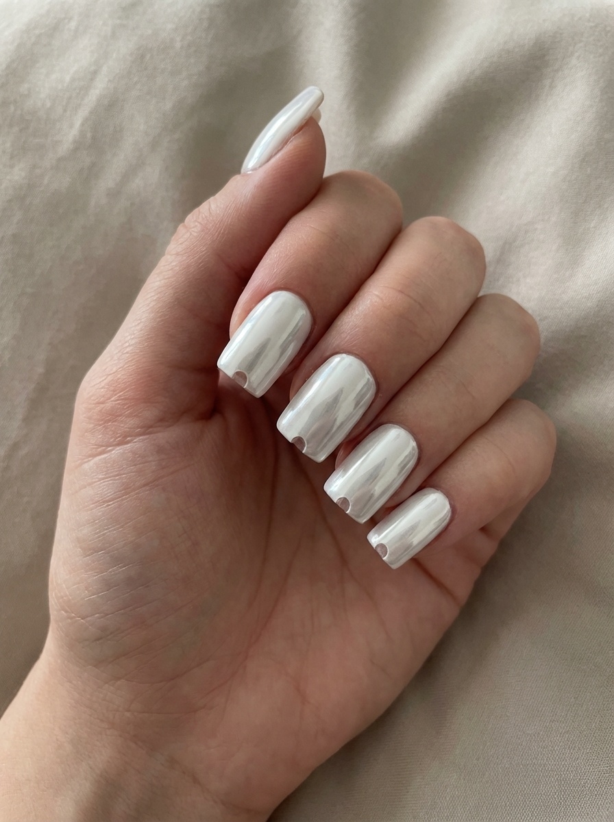 Hand resting on neutral fabric, showcasing a white chrome nail art idea with pearl-white chrome nails and small circular cutout details placed near the tips.