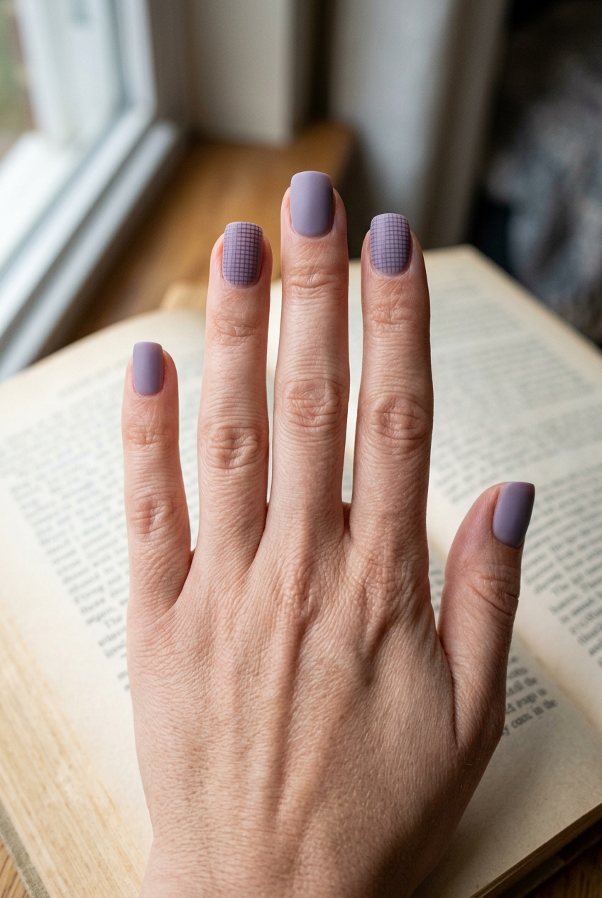 Close-up of a hand near a window resting on an open book displaying a matte purple nail art idea with lavender matte nails and small grid designs on selected nails