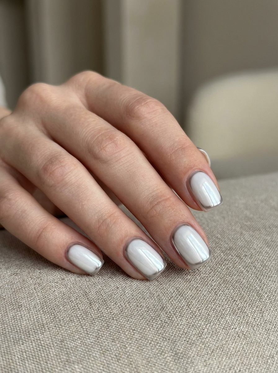 Close-up of relaxed fingers on neutral upholstery, highlighting a white chrome nail art idea with glossy pearl chrome nails and softly squared tips.