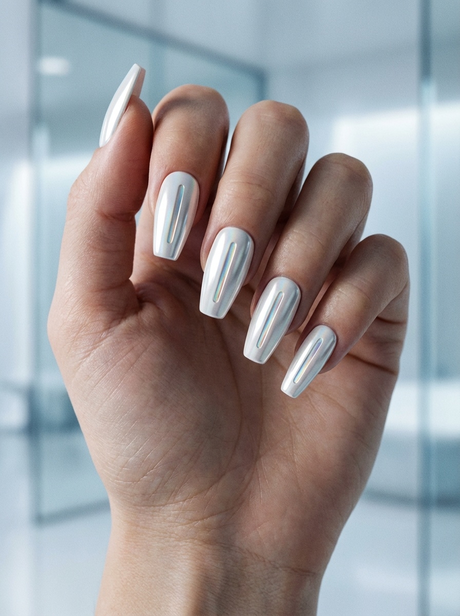 Close-up of fingers gently curled, showcasing a white chrome nail art idea with glossy pearl chrome nails and narrow vertical reflective line details.