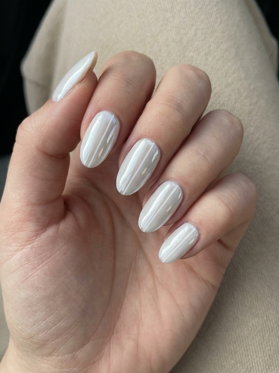 Manicured fingers curled inward, showcasing a white chrome nail art idea with luminous pearl chrome nails and subtle vertical ribbed detailing.