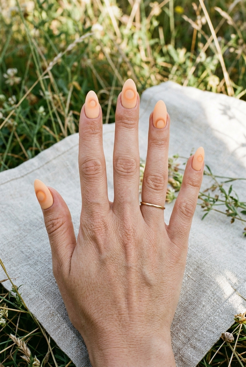 Close-up of a hand placed on cloth surrounded by plants, displaying an orange almond nail art idea with soft peach nails and minimal circular detailing on each nail