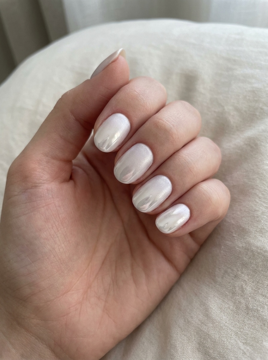 Manicured fingers resting against a neutral cushion, showcasing a white chrome nail art idea with softly reflective pearl chrome nails.