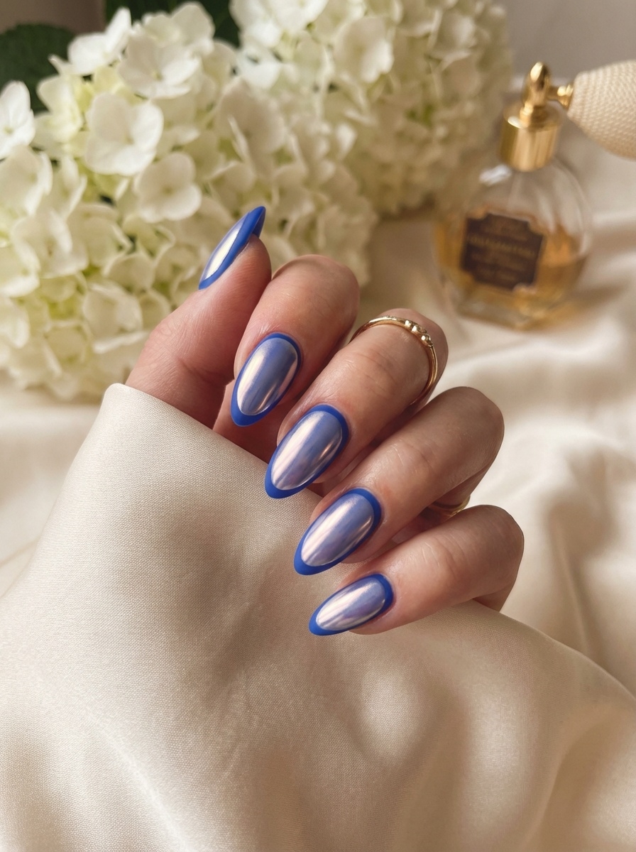 An elegant hand positioned near white hydrangeas, featuring a blue almond nail art idea with glossy almond nails outlined in cobalt blue over a translucent pink base.