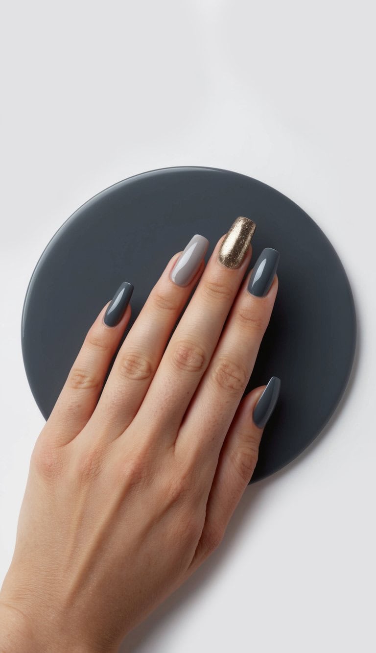 Gold and charcoal gray nails