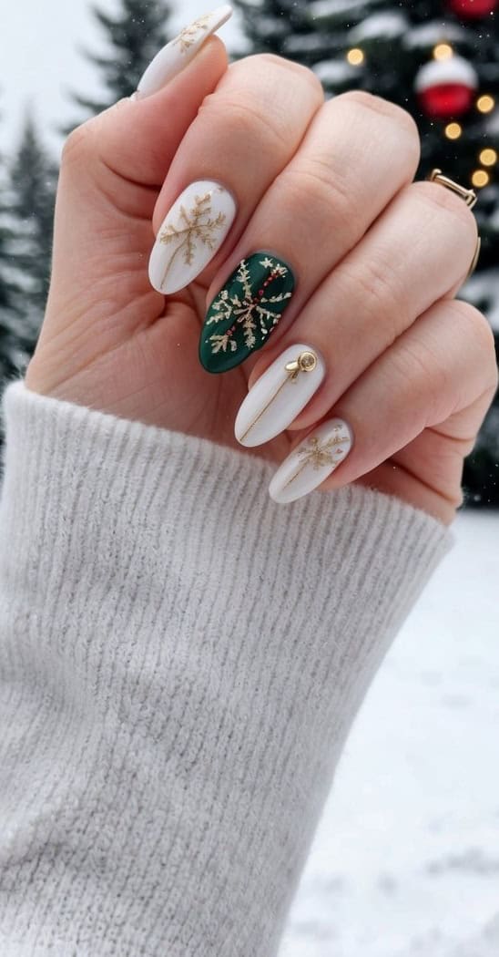 Delicate gold snowflakes on white and green nails exude sophistication, accented with subtle gold charms.