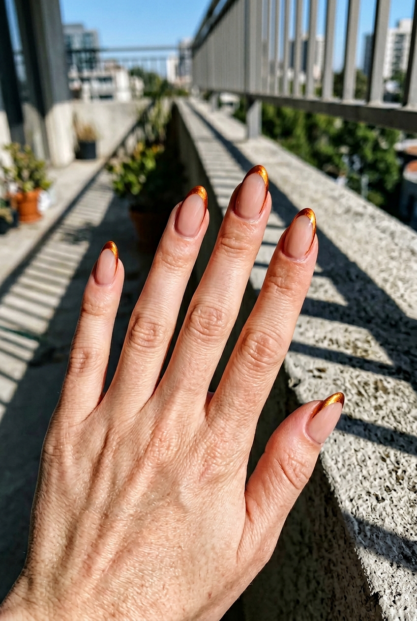 Close-up of a hand outdoors on a balcony ledge displaying an orange almond nail art idea with neutral nude nails and shiny orange French tip detailing