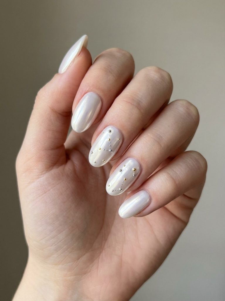 Hand with long almond-shaped nails painted in pearly white, featuring small gold and black dot designs forming constellation-like patterns.