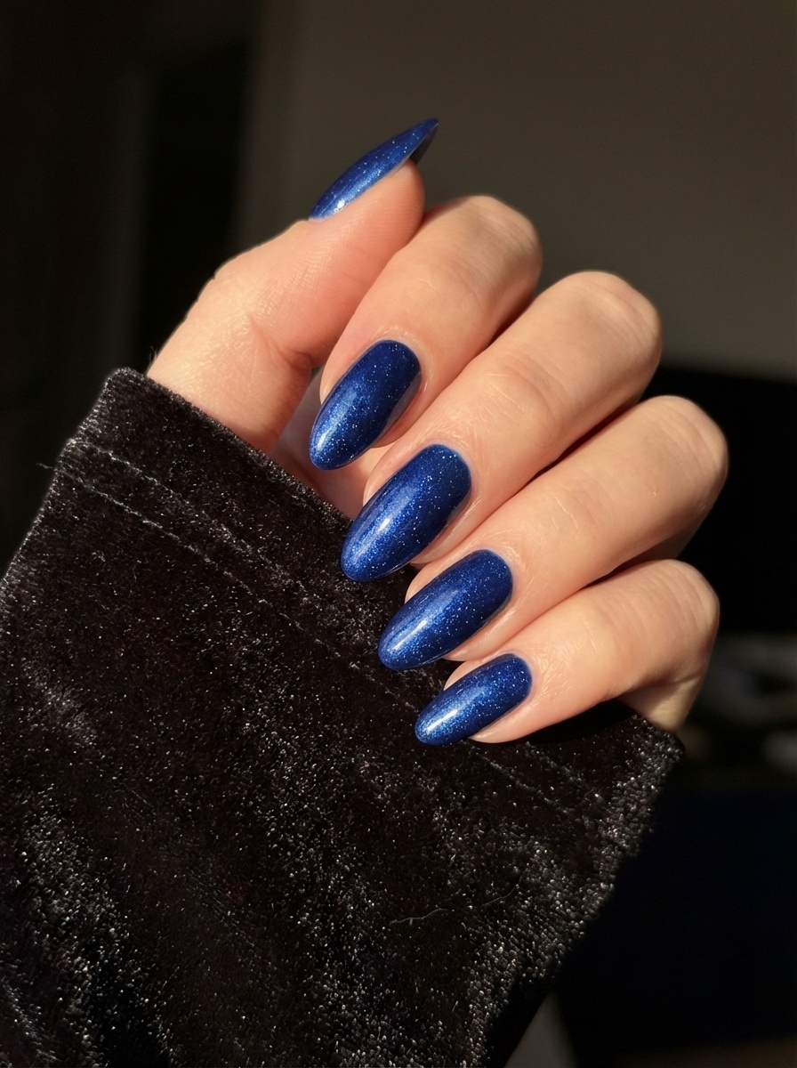 Hand posed against a dark background, displaying a blue almond nail art idea with glossy navy almond nails accented by delicate shimmer particles.