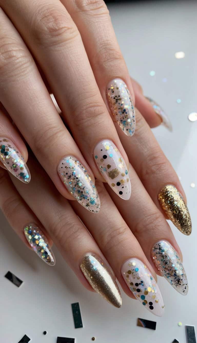 This nail design features gold and silver glitter accents with confetti-like details on a clear base