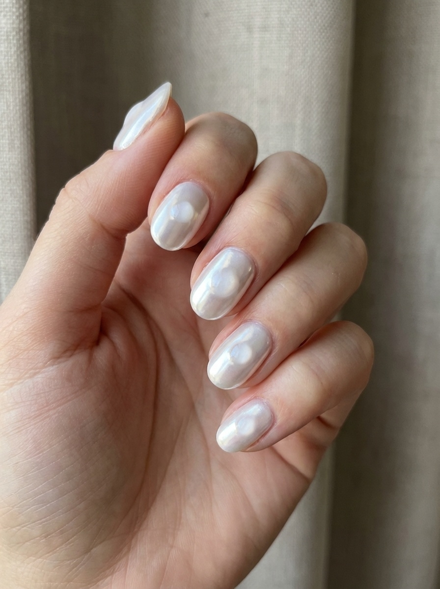 Angled view of a relaxed hand displaying a white chrome nail art idea with short nails coated in luminous pearl-white chrome.