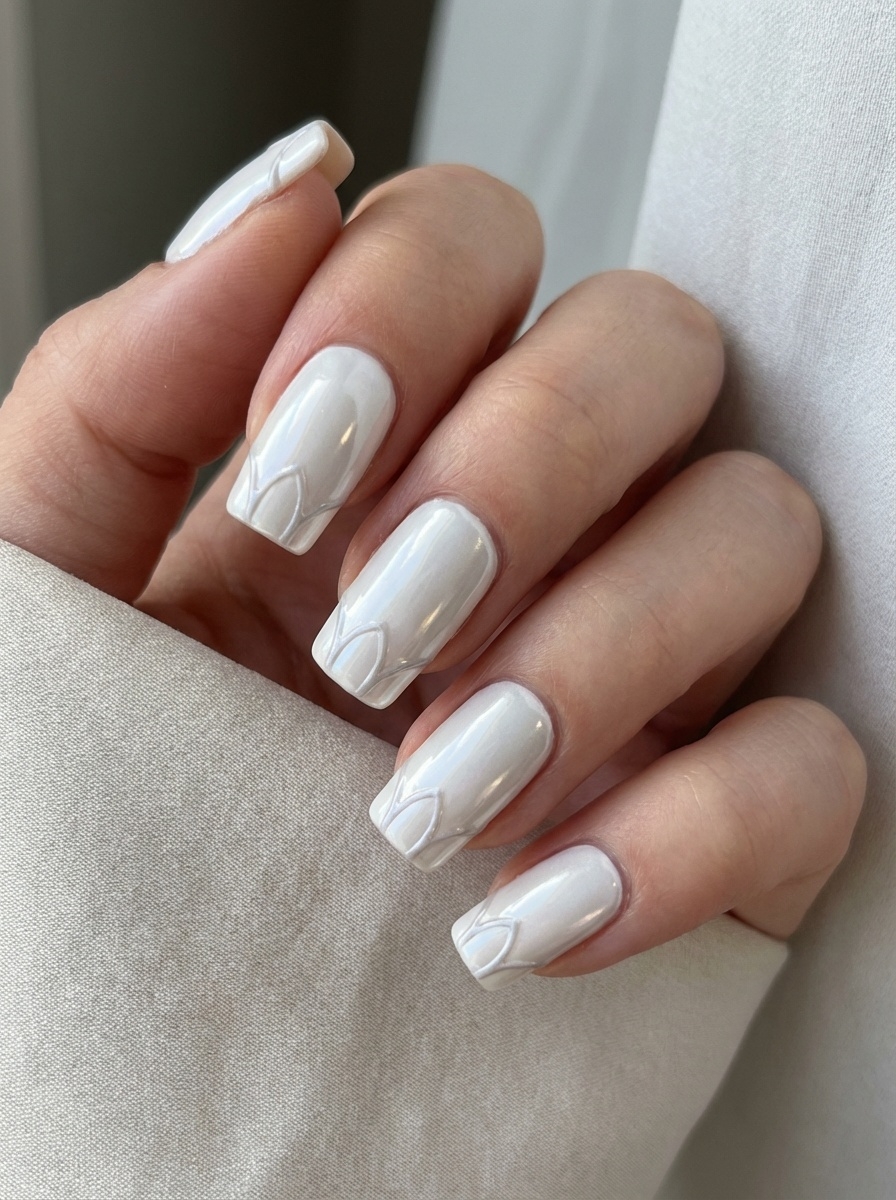 Manicured fingers partially wrapped in neutral fabric, showcasing a white chrome nail art idea with glossy pearl chrome nails and soft curved line accents.
