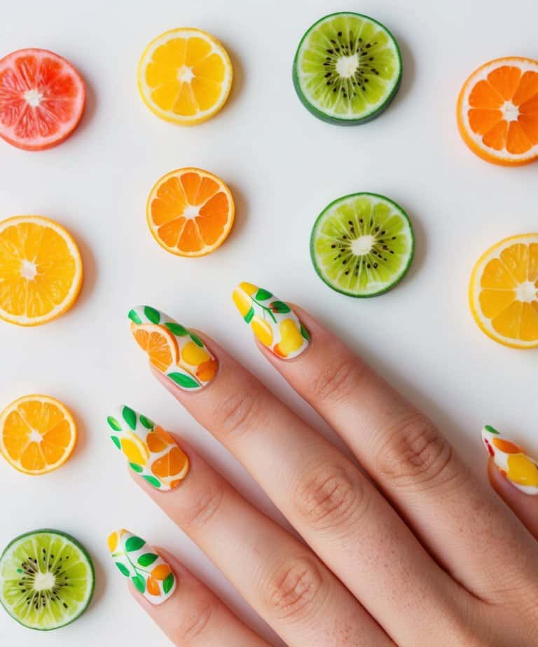 Juicy and vibrant fruit designs add a zesty pop to summer nails. From dainty oranges to bold lemon slices, these fruity patterns bring a burst of freshness to fingertips.