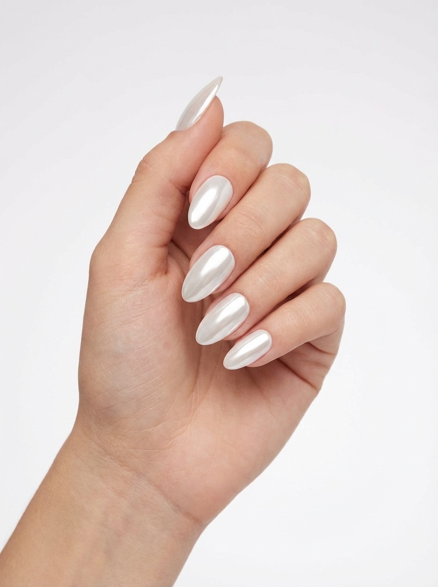 Studio-lit hand against a white background, featuring a white chrome nail art idea with almond-shaped nails finished in glossy pearl-white chrome.