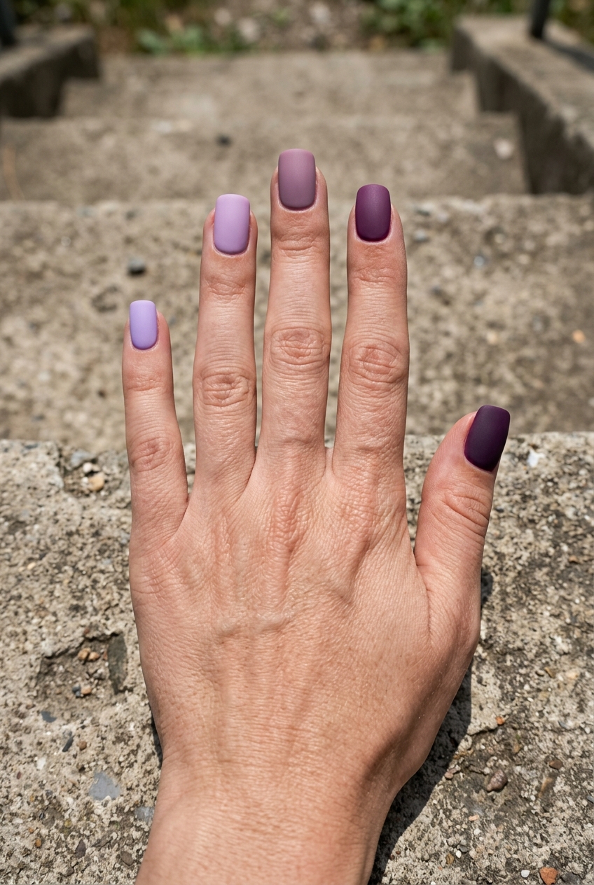 A hand resting on stone steps outdoors featuring a matte purple nail art idea with nails painted in varying shades of lilac, mauve, and deep plum in a smooth matte finish