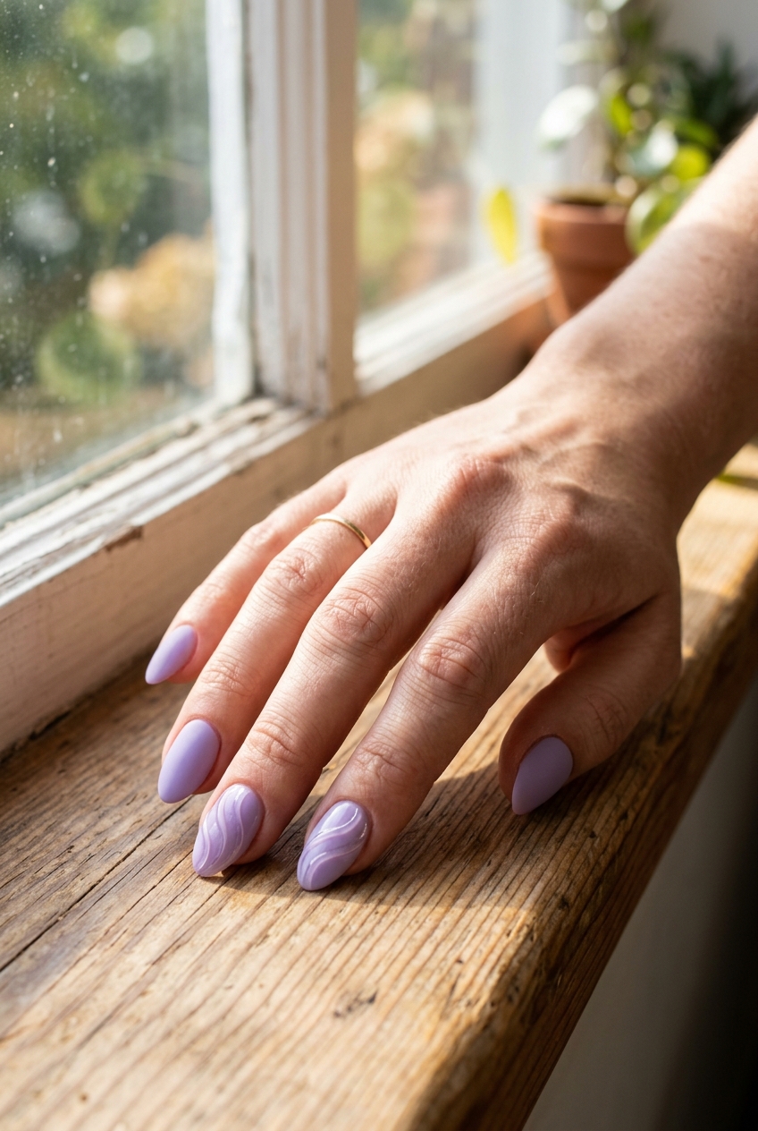 Fingers placed on a rustic wooden ledge near a window showing a matte purple nail art idea with lavender matte nails and soft swirl patterns on accent nails