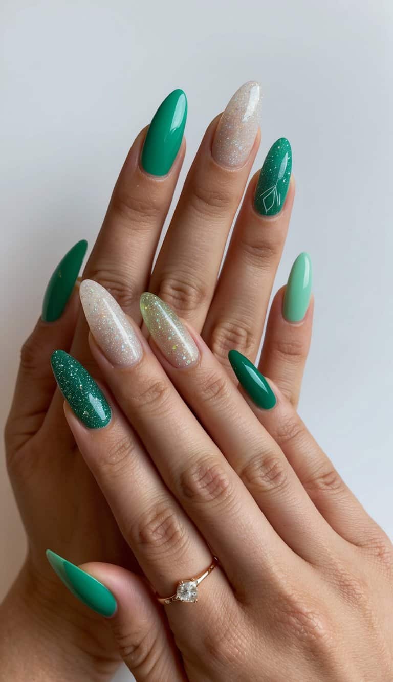 Fresh green almond nails with sparkly tips in various trendy designs