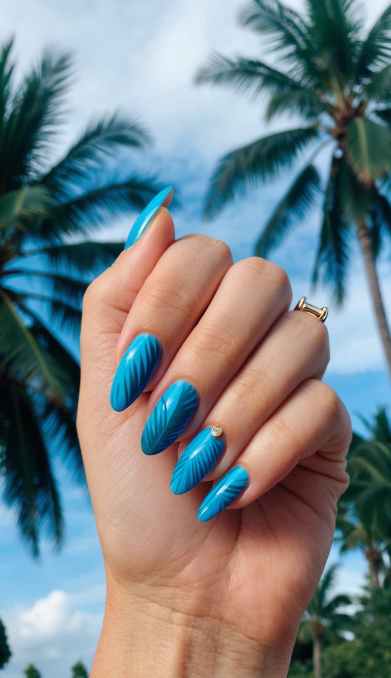 A manicured hand posed against a sky and palm background, highlighting a Blue Almond Nail Art Idea with turquoise almond nails, raised leaf textures, and a small gold accent.